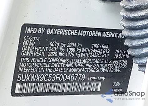 2015 BMW X3 xDrive28I from USA, damaged, VIN 5UXWX9C53F0D46779